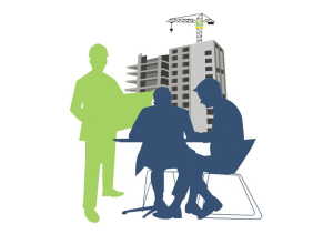 Clip art of three people working, and a tower crane and a building in the background